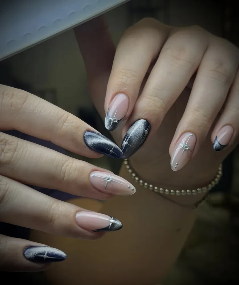 Black French tips on almond nails — FILTER Ladies Salon Abu Dhabi