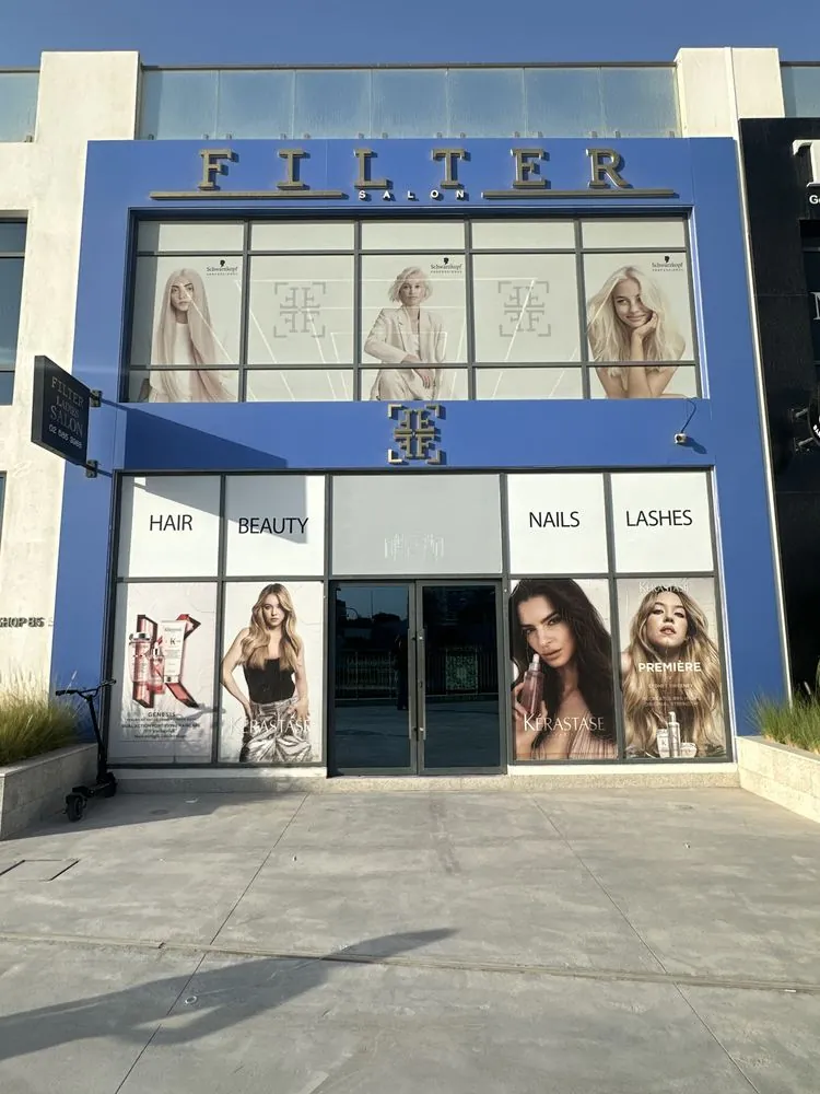 FILTER Ladies Salon's blue and gold storefront in Abu Dhabi